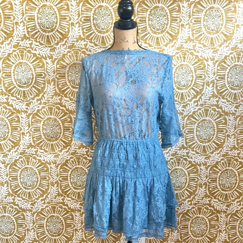 NWOT Free People Lala Lace Sheer Reversible V-Neck Mini Dress in Baby Denim Sz M - Picture 10 of 12